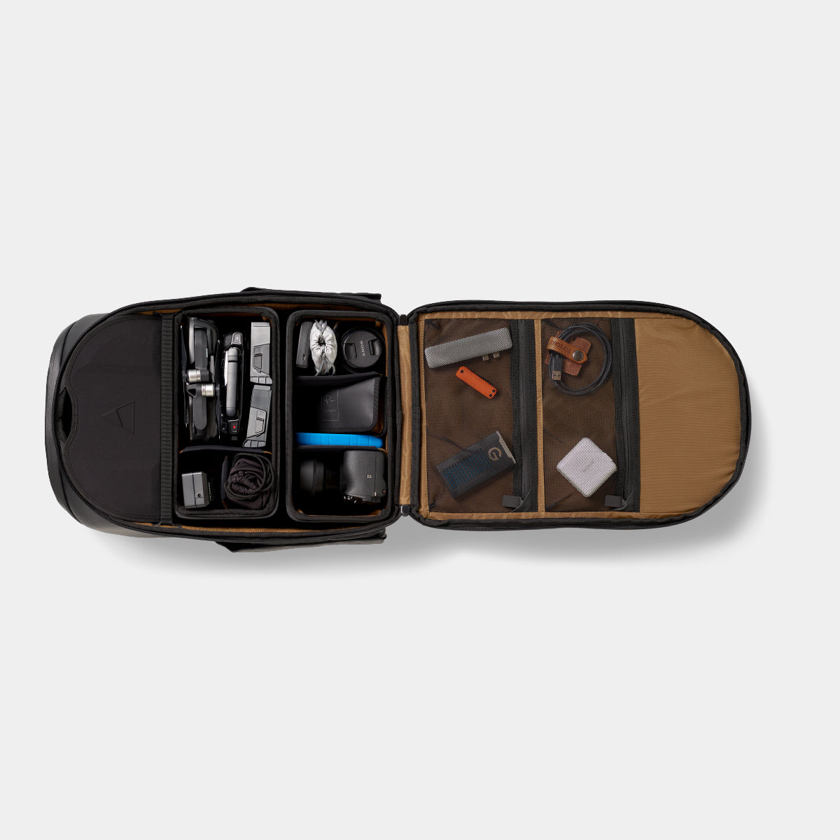 McKinnon Camera Pack 25L Open with Items and Camera Gadgets Inside#bundle_25l-pack-2-small-cubes