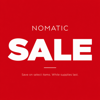 NOMATIC Sale graphic on a red background with “Sale” and “Save on select items. While supplies last."