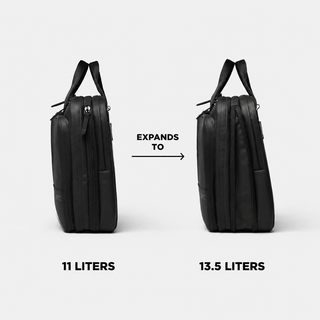 A black backpack shown from the side on a light gray background, with text indicating it expands from 11 liters to 13.5 liters.