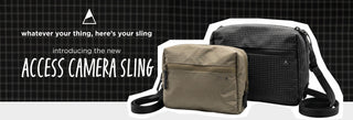 Two camera slings from the brand Access: one in beige and one in black grid pattern, displayed side-by-side with promotional text on a black and white background.