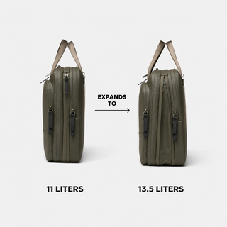 An olive green backpack shown from the side on a light gray background, with text indicating it expands from 11 liters to 13.5 liters.