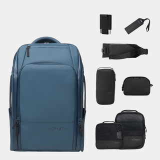 NOMATIC Travel Pack Bundle - Elite in Slate, flat-lay of the backpack with wallet, luggage tag, access sling, toiletry bag, and packing cubes