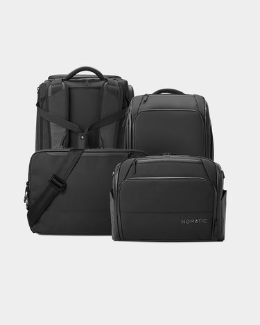 Assortment of black NOMATIC backpacks, travel bags, and shoulder bags showcasing multiple carry styles.