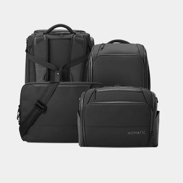Collection of black NOMATIC backpacks and shoulder bags showcasing multiple everyday, work, and travel carry styles.