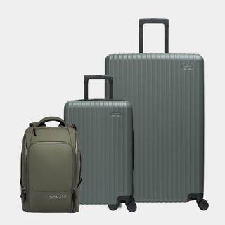Set of three suitcases including a backpack on a light gray background#color_moss