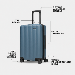 A blue hardshell suitcase shown on a light gray background with callout lines and text labeling features such as TSA locks, slim handles, 360 silent glide wheels, and a virgin polycarbonate shell.