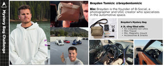 A promotional collage for a mystery bag featuring multiple photos of Brayden Tomicic, a car interior, and a product description for a 3L silver sling filled with a GoPro Ultra, mini tripod, phone mount, and accessories. The layout is text-heavy with several inset lifestyle and action photos.