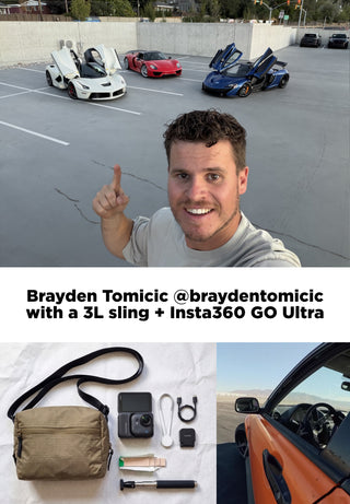 A promotional collage showing a man in a parking lot with three sports cars behind him, with text reading 'Brayden Tomicic @braydentomic with a 3L sling + Insta360 GO Ultra,' plus a bottom panel showing a tan sling bag and accessories laid out next to an orange car.